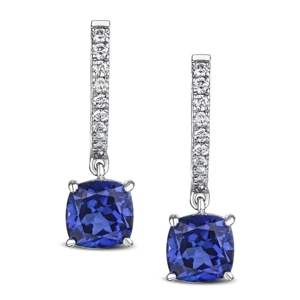 Astra 4.70t Lab Sapphire and Diamond Drop Cushion Cut Earrings in Silver